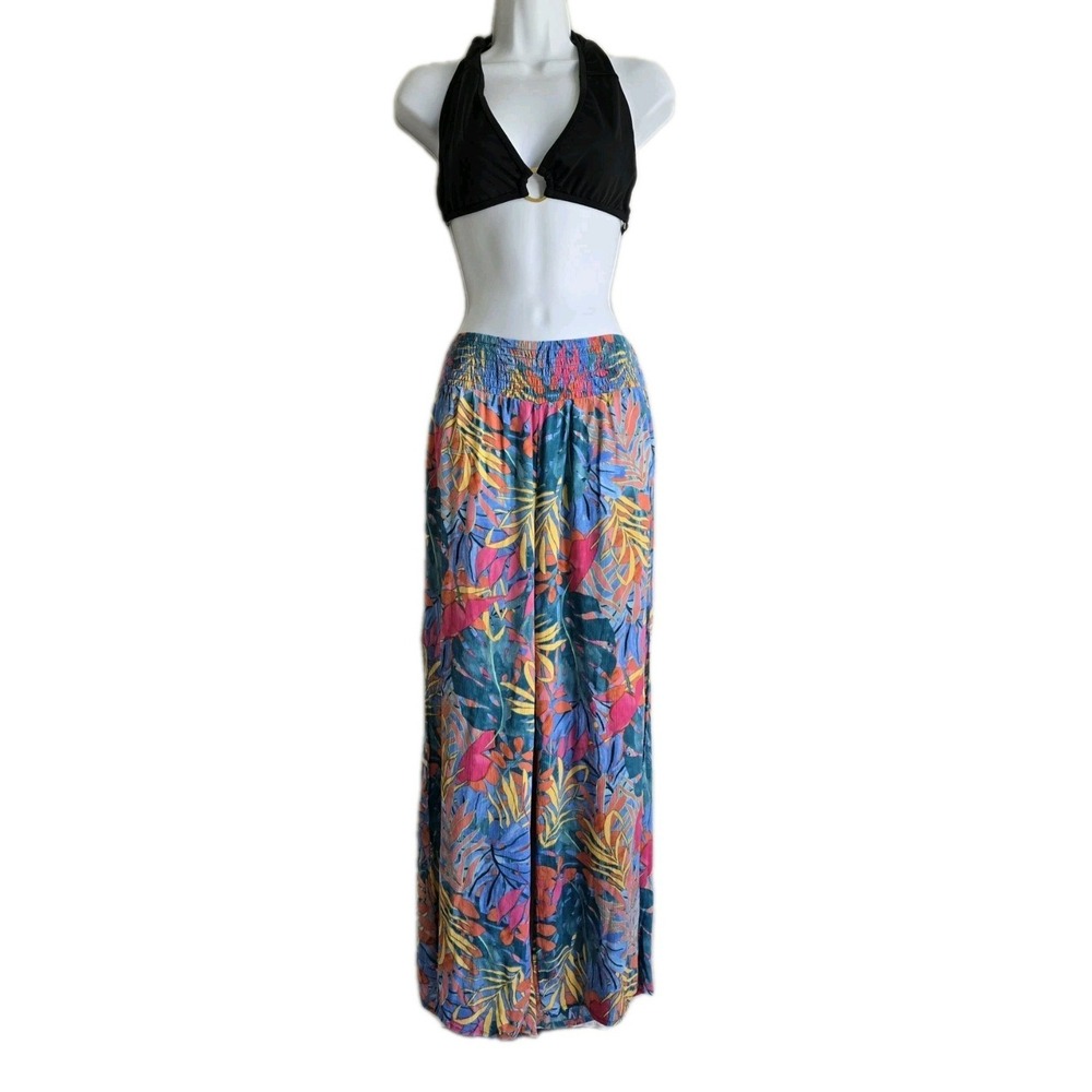 Kona Sol Pants Women's Medium Pink Blue Tropical Floral Smocked Waist Cover Up